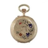 AN ENAMEL POCKET WATCH the circular case decorated with textured engraving and varicoloured enamel