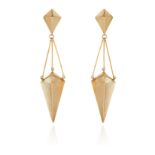 A PAIR OF ANTIQUE DROP EARRINGS in high carat yellow gold, the two diamond motifs joined by a trio