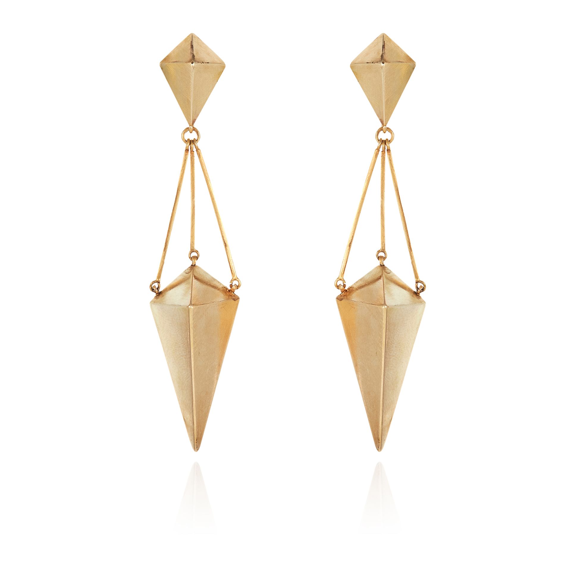 A PAIR OF ANTIQUE DROP EARRINGS in high carat yellow gold, the two diamond motifs joined by a trio