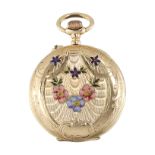 AN ENAMEL POCKET WATCH in high carat yellow gold, the circular case with engraved foliate