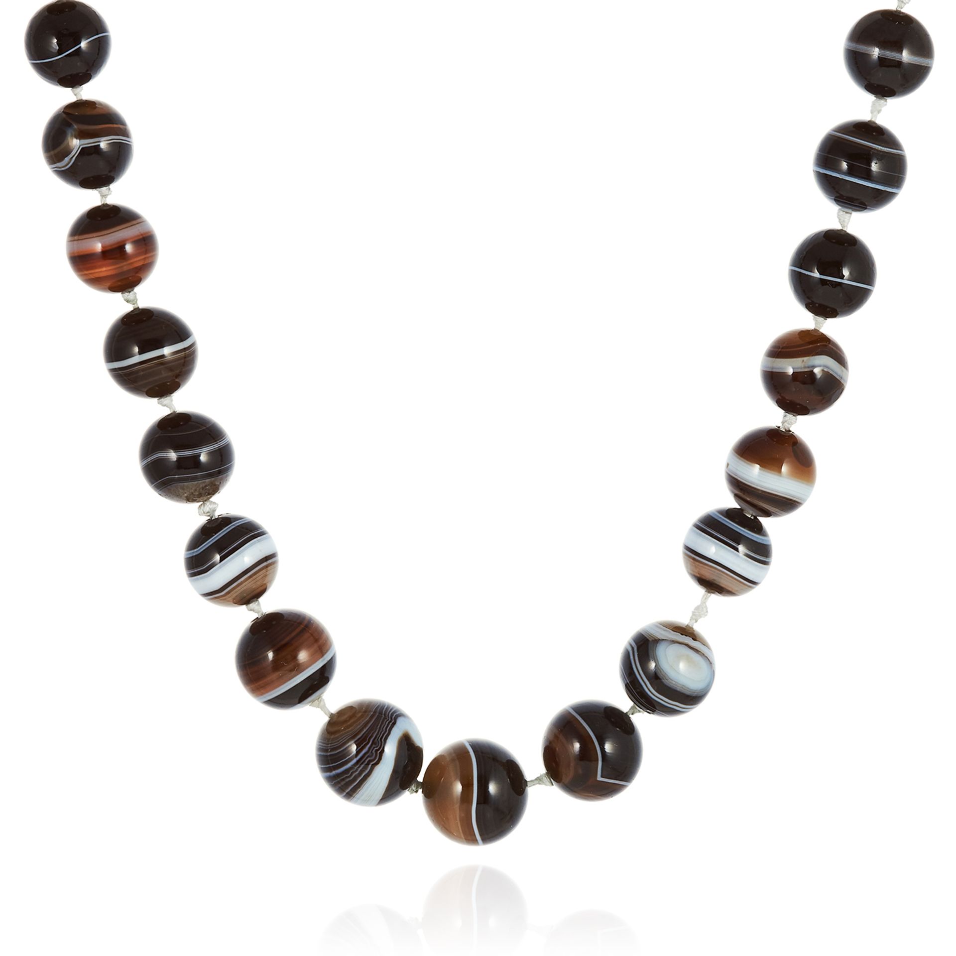 A BANDED AGATE BEAD NECKLACE comprising a single row of thirty-six graduated polished beads up to