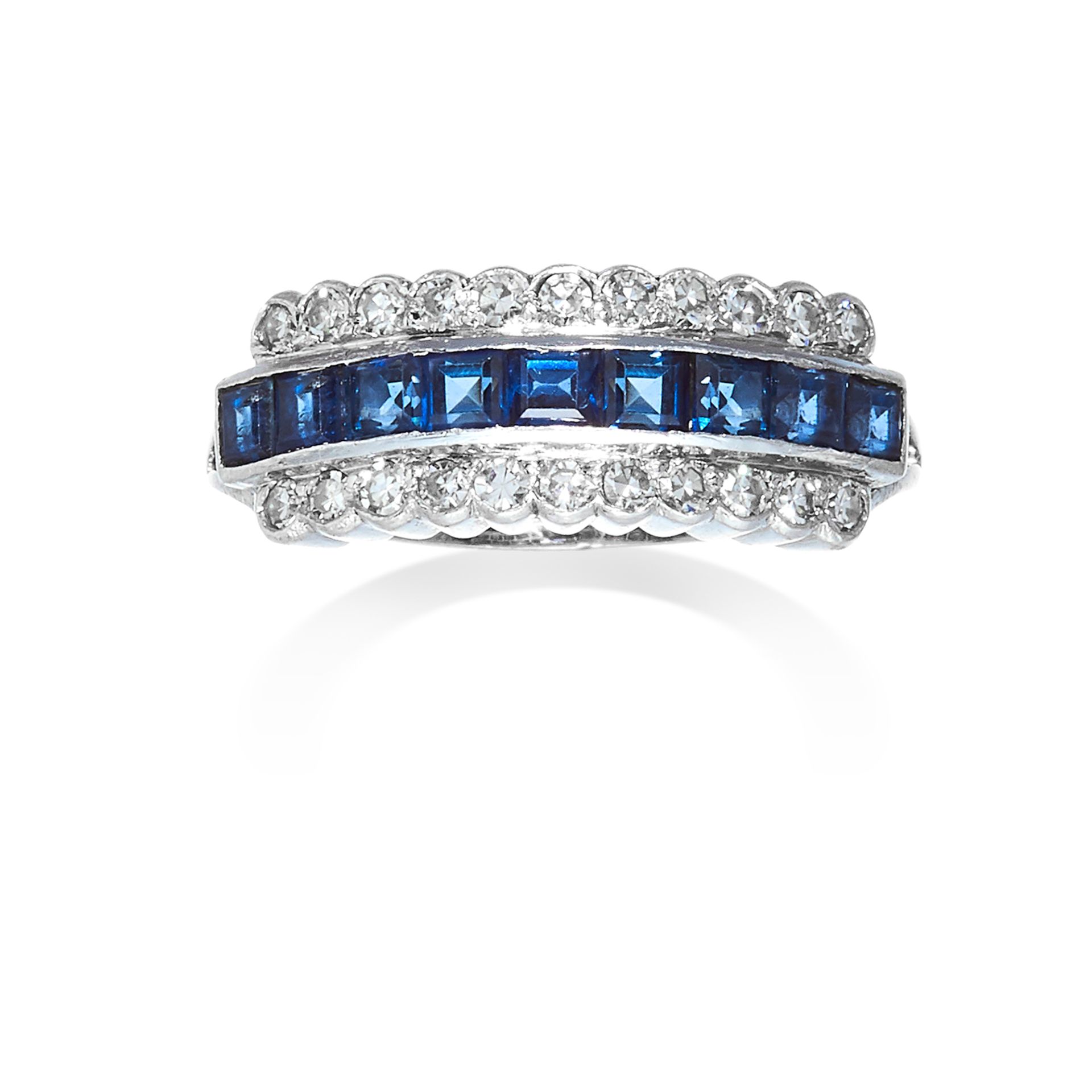 AN ANTIQUE ART DECO SAPPHIRE AND DIAMOND RING in 18ct white gold and platinum, set with a row of