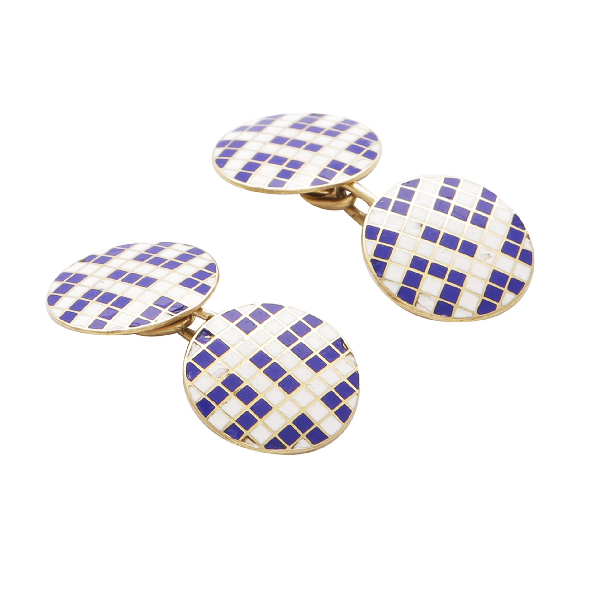 A PAIR OF VINTAGE ENAMELLED CUFFLINKS in 18ct yellow gold, each formed of two circular links with