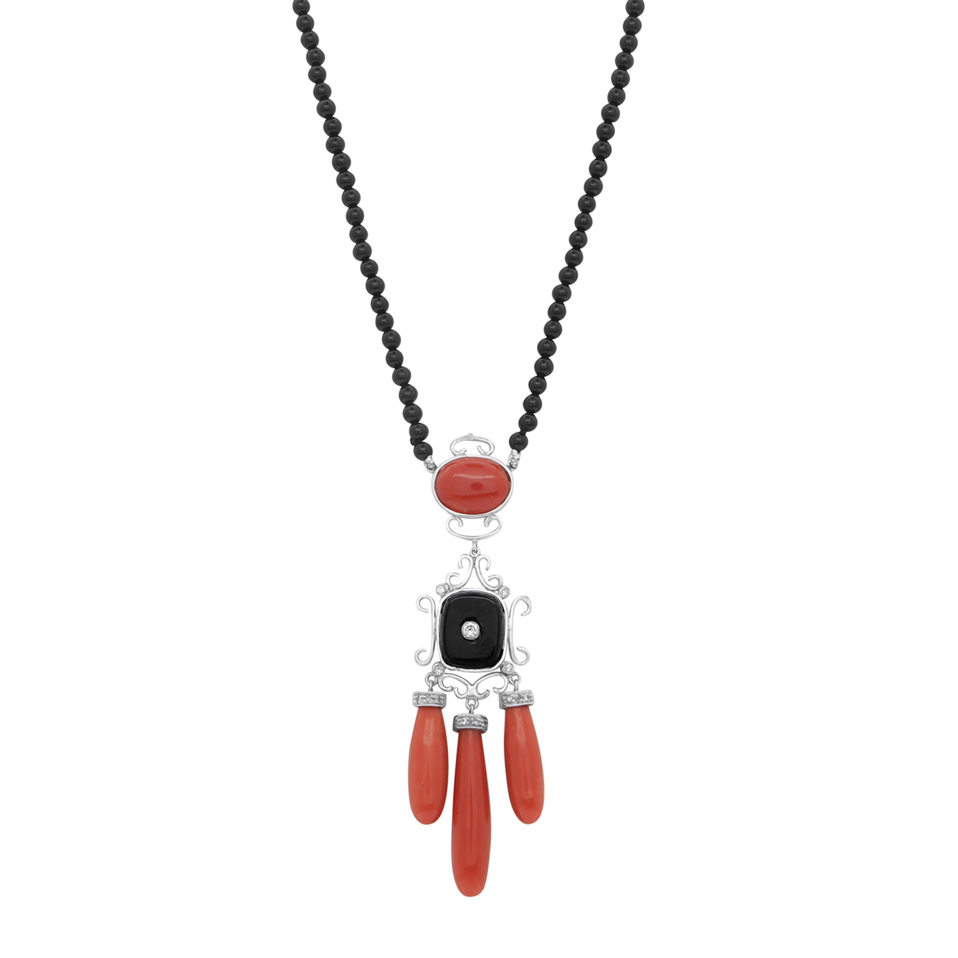 AN ART DECO ONYX, CORAL AND DIAMOND NECKLACE in 18ct white gold, the onyx bead necklace with a coral