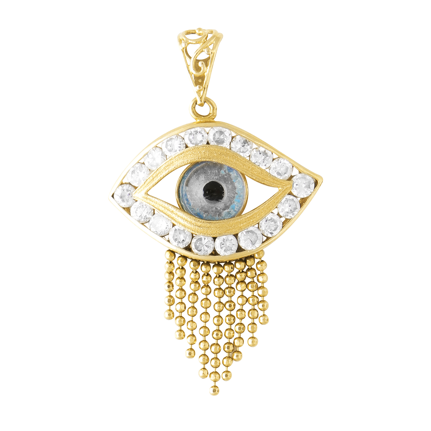 A SEEING EYE TASSEL PENDANT in high carat yellow gold, the jewelled seeing eye motif suspending
