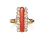 AN ANTIQUE CORAL AND DIAMOND RING in 18ct yellow gold, elongated polished coral cabochon between