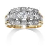 AN ANTIQUE DIAMOND THREE ROW RING in 18ct yellow gold set with three rows of graduated round cut