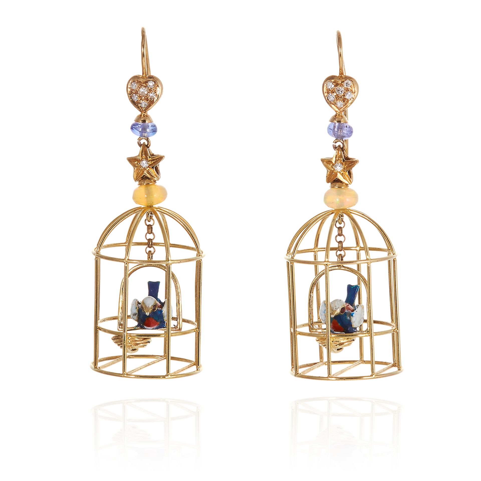 A PAIR OF JEWELLED BIRDCAGE EARRINGS in high carat yellow gold each designed as a bird, relieved