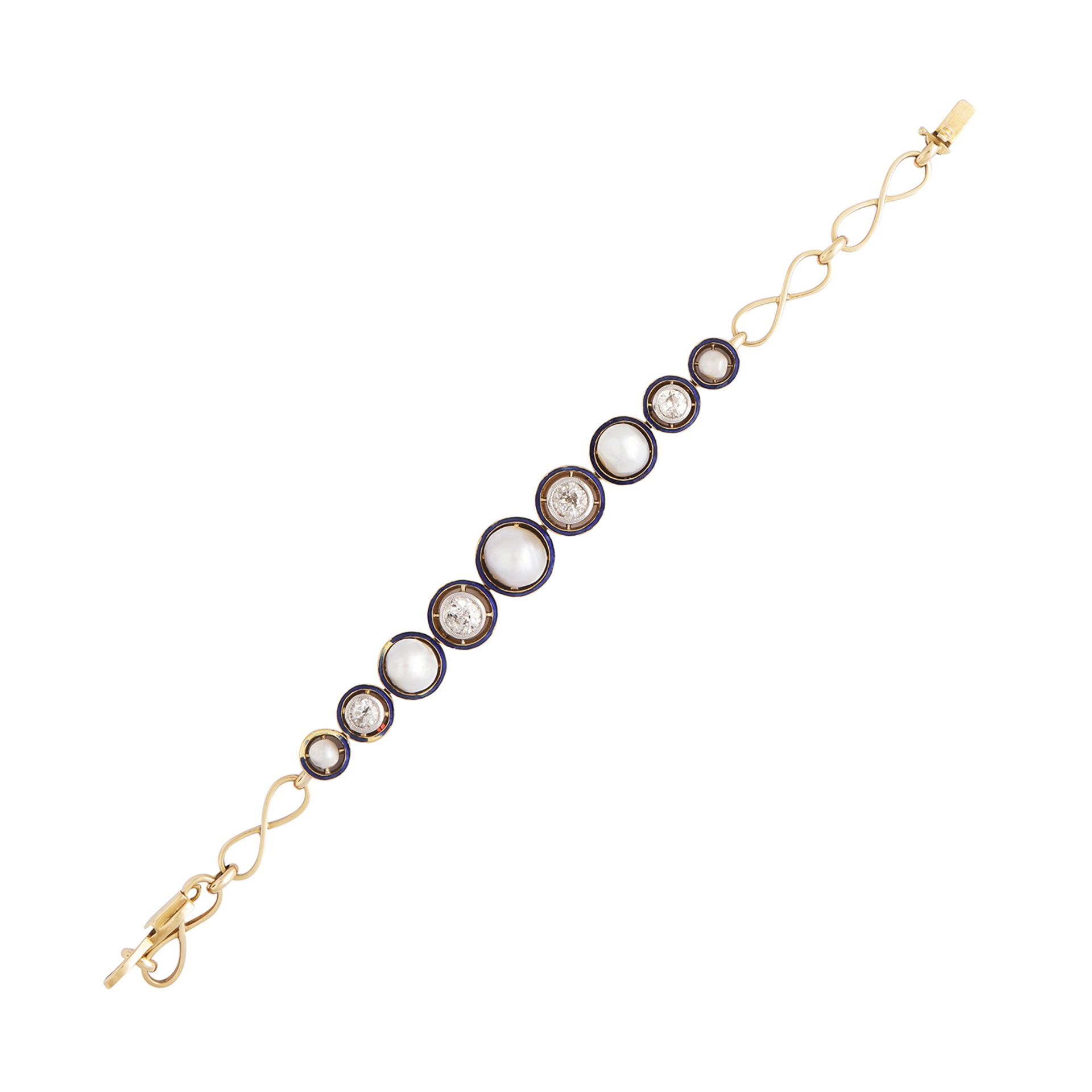 AN ART DECO NATURAL PEARL, DIAMOND AND ENAMEL BRACELET in yellow gold, jewelled with five natural