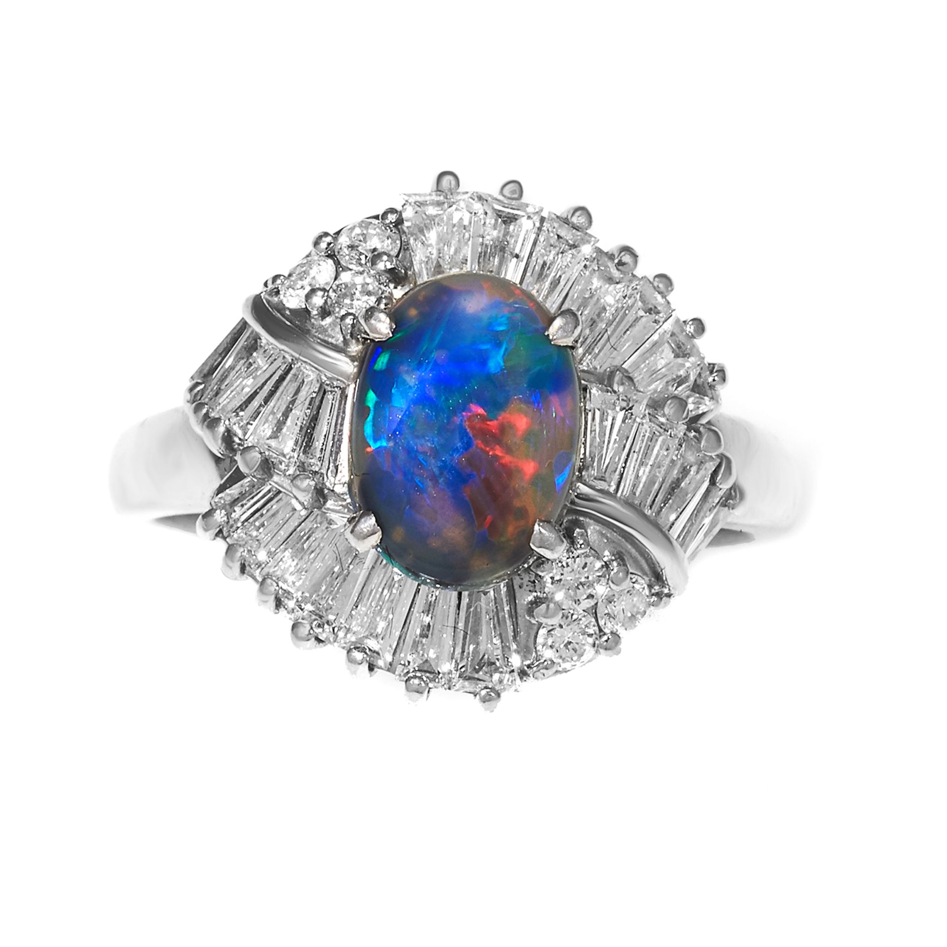 A BLACK OPAL AND DIAMOND CLUSTER DRESS RING in platinum, set with a central black opal of