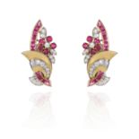 A PAIR OF RUBY AND DIAMOND CLIP EARRINGS, CIRCA 1950 in high carat yellow and white gold,