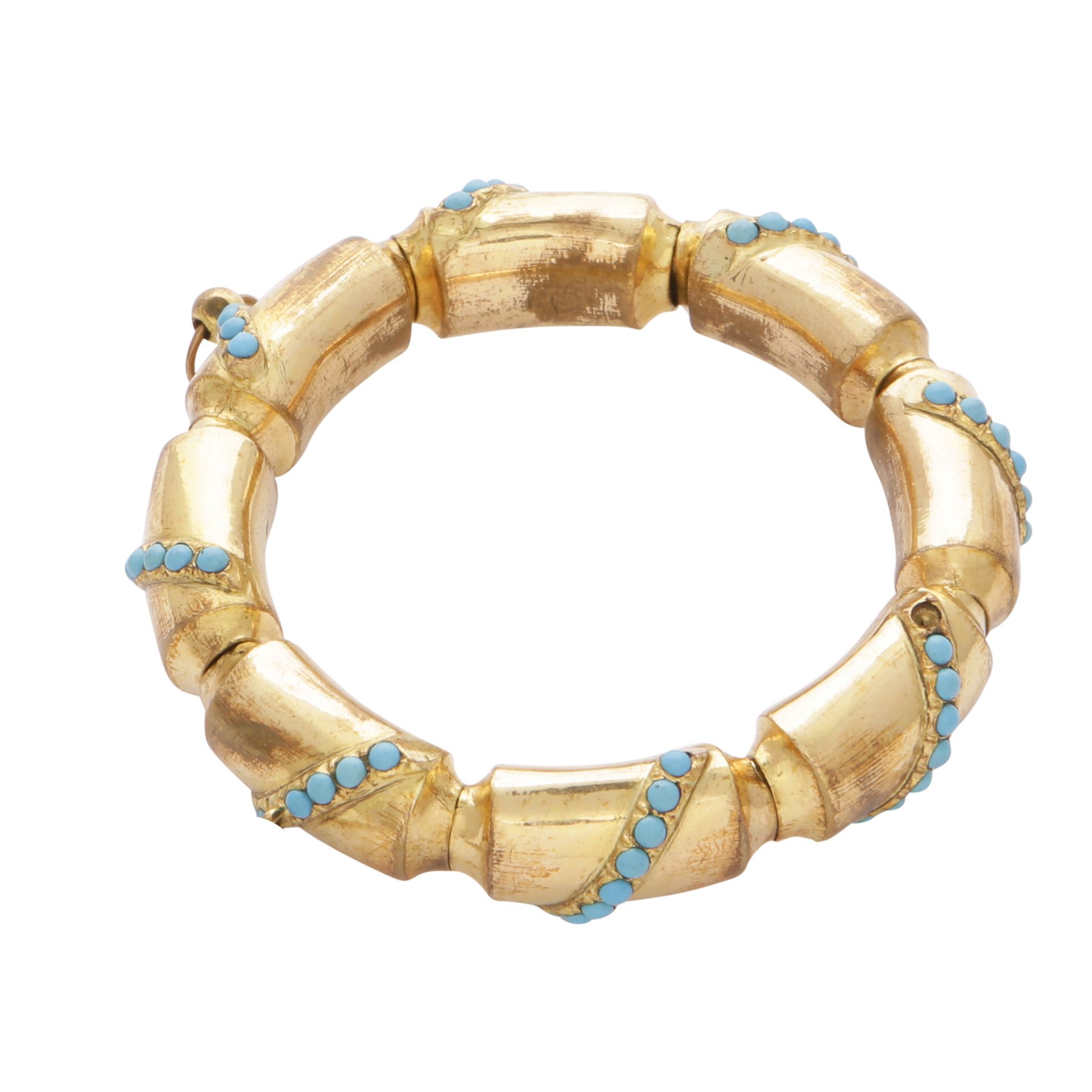 AN ANTIQUE TURQUOISE BRACELET, 19TH CENTURY the extending links each jewelled with a diagonal row of