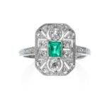 AN ART DECO EMERALD AND DIAMOND in yellow gold and platinum, set with a step cut emerald within an