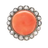 A CORAL AND DIAMOND DRESS RING, 19TH CENTURY in yellow gold, set with a central round coral cabochon