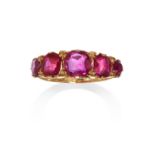 AN ANTIQUE BURMA NO HEAT RUBY FIVE STONE RING, 1886 in 18ct yellow gold comprising a single row of