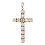 AN ANTIQUE MOONSTONE CROSS PENDANT in high carat yellow gold, set with round cabochon moonstones,