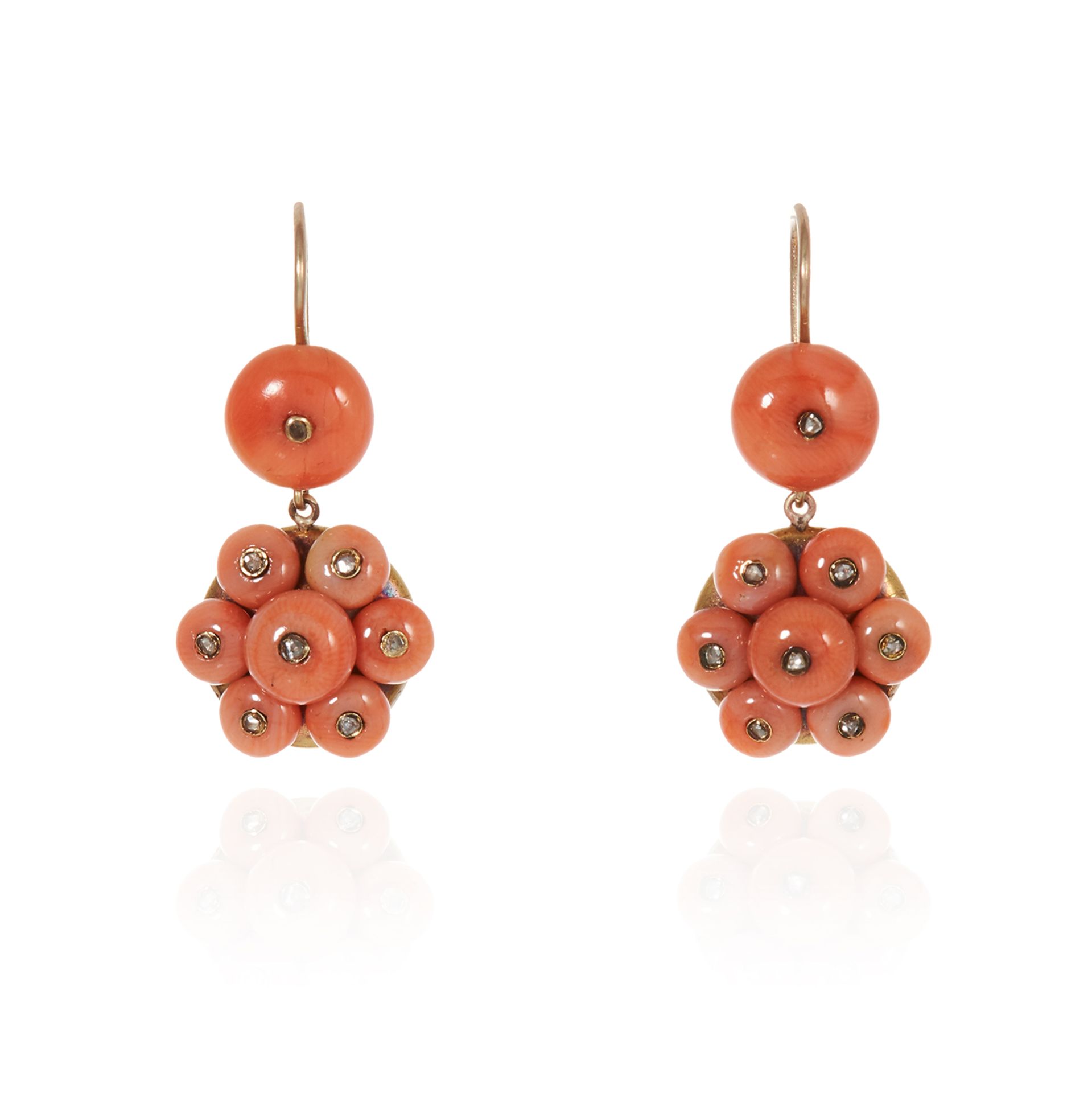A PAIR OF ANTIQUE CORAL AND DIAMOND EARRINGS, 19TH CENTURY in yellow gold, each designed as a