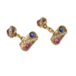 A PAIR OF RUBY, SAPPHIRE AND DIAMOND CUFFLINKS in high carat yellow gold, each link jewelled with