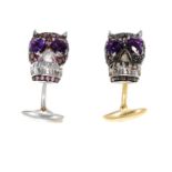 A PAIR OF AMETHYST AND DIAMOND SKULL CUFFLINKS in 18ct white and yellow gold, the skull motif is