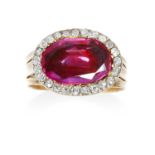 AN ANTIQUE 2.89 CARAT BURMA NO HEAT PINK SAPPHIRE AND DIAMOND RING in high carat gold and silver set