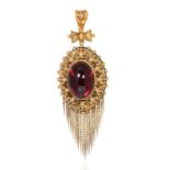 AN ANTIQUE GARNET TASSEL MOURNING PENDANT / BROOCH, 19TH CENTURY in high carat yellow gold, set with