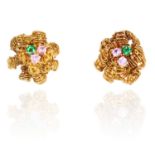 A PAIR OF VINTAGE PINK SAPPHIRE EARRINGS in 18ct yellow gold, each jewelled with two pink