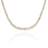AN ANTIQUE NATURAL SALTWATER PEARL AND DIAMOND NECKLACE in platinum or white gold, comprising a