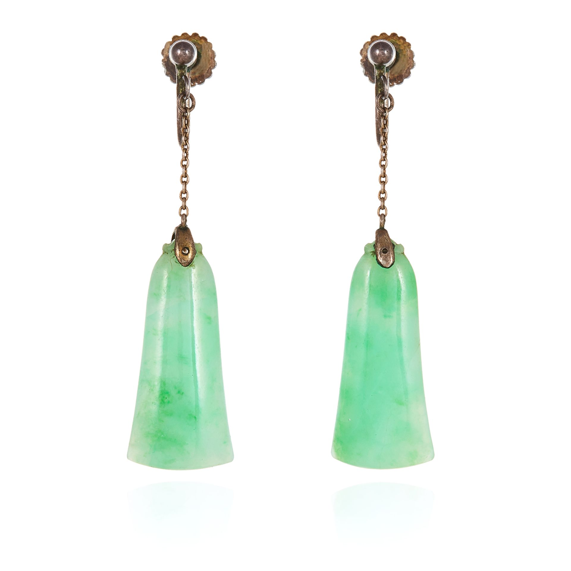 A PAIR OF JADEITE JADE DROP EARRINGS each set with a tapering polished piece of jade below a chain