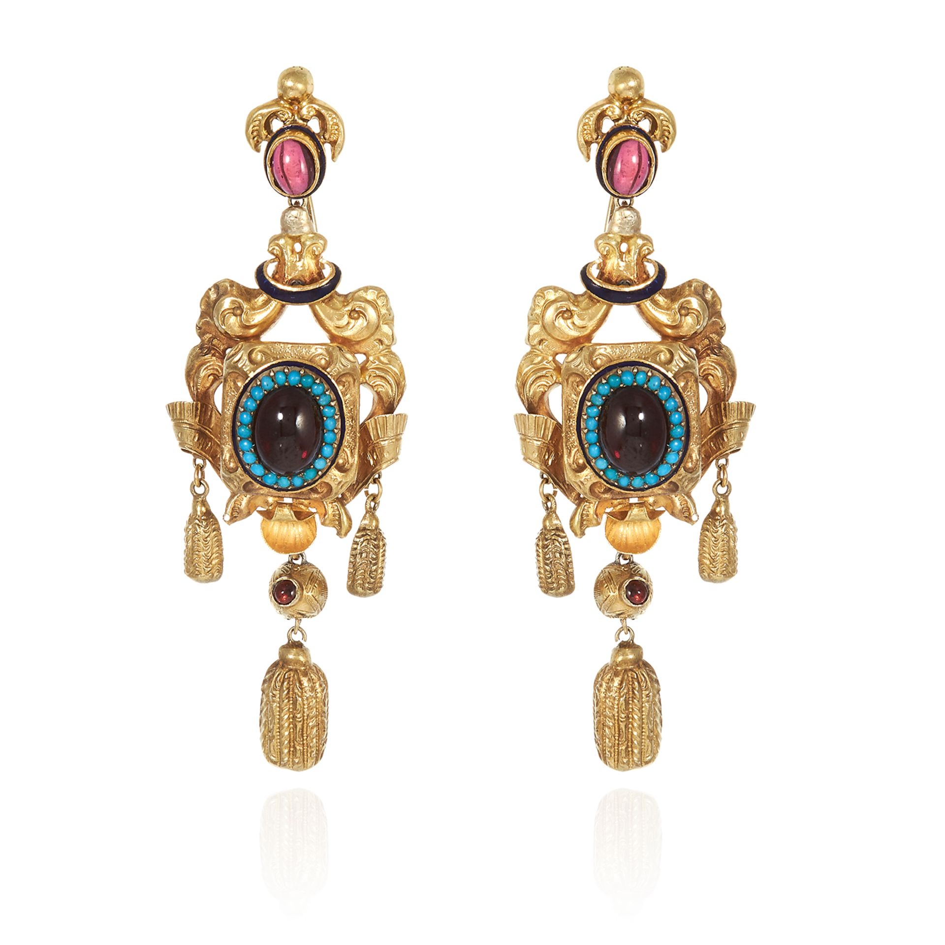A PAIR OF GARNET, TURQUOISE AND ENAMEL EARRINGS, 19TH CENTURY each set with a garnet and turquoise
