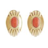 A PAIR OF VINTAGE CORAL CLIP EARRINGS, BOUCHERON in 18ct yellow gold, each set with a domed coral