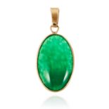 A JADEITE JADE PENDANT in yellow gold, the oval jade cabochon within a plain mount, full British