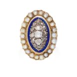 AN ANTIQUE DIAMOND, PEARL AND ENAMEL RING, CIRCA 1820 in high carat yellow gold, the navette face