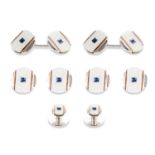 AN ART DECO SAPPHIRE AND MOTHER OF PEARL DRESS SET in yellow and white gold, comprising cufflinks,