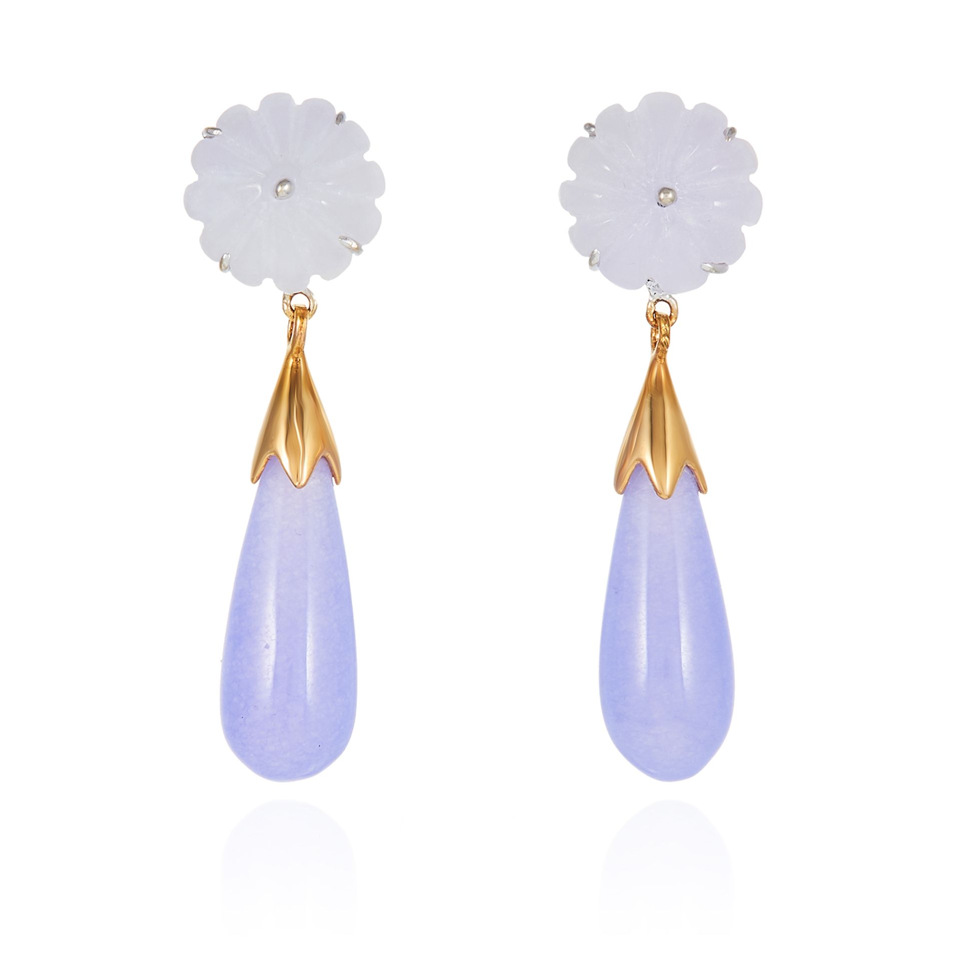 A PAIR OF LAVENDER JADE DROP EARRINGS each suspending a tapering jade drop below a faceted