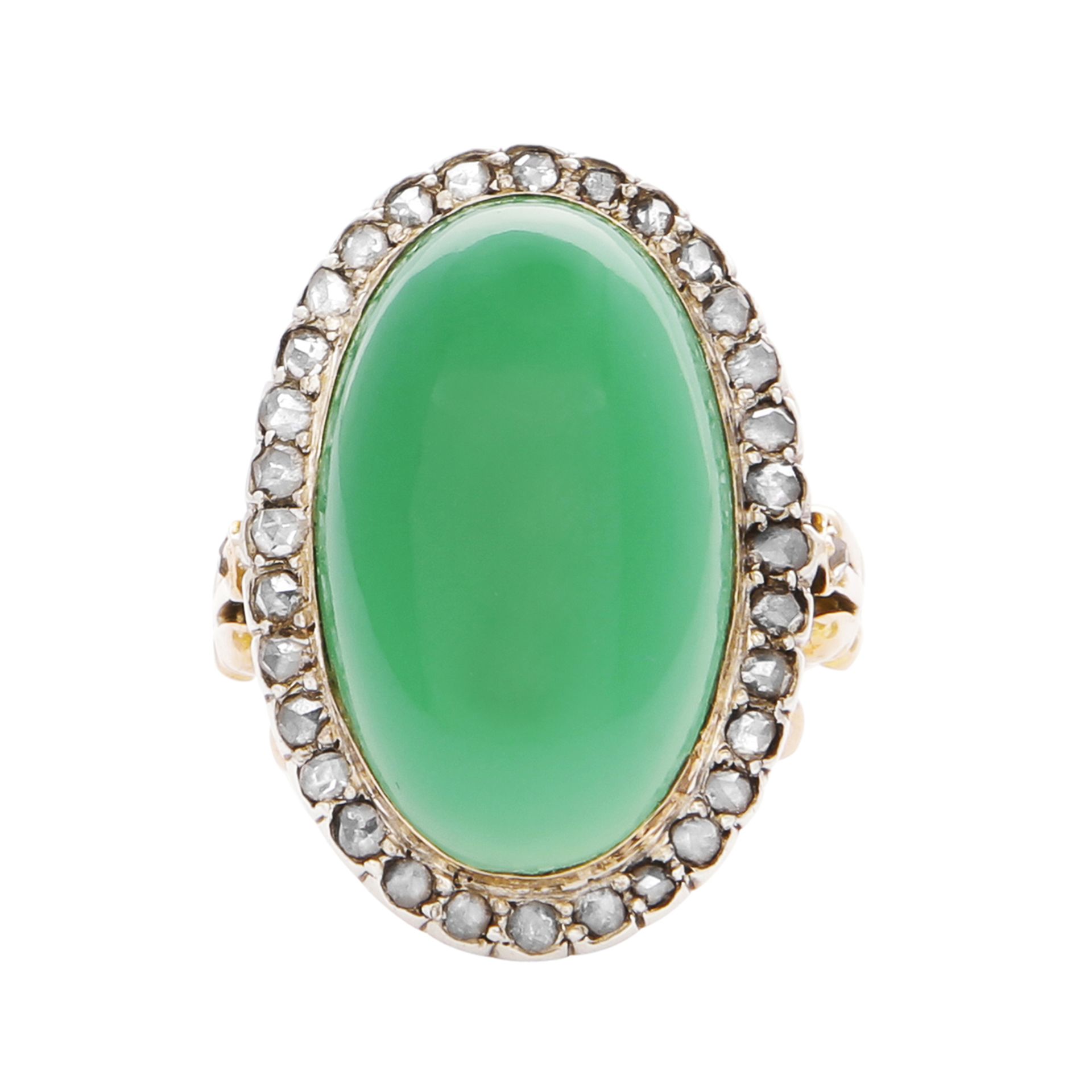 AN ANTIQUE CHRYSOPRASE AND DIAMOND RING, LATE 19TH CENTURY in high carat yellow gold and silver, set