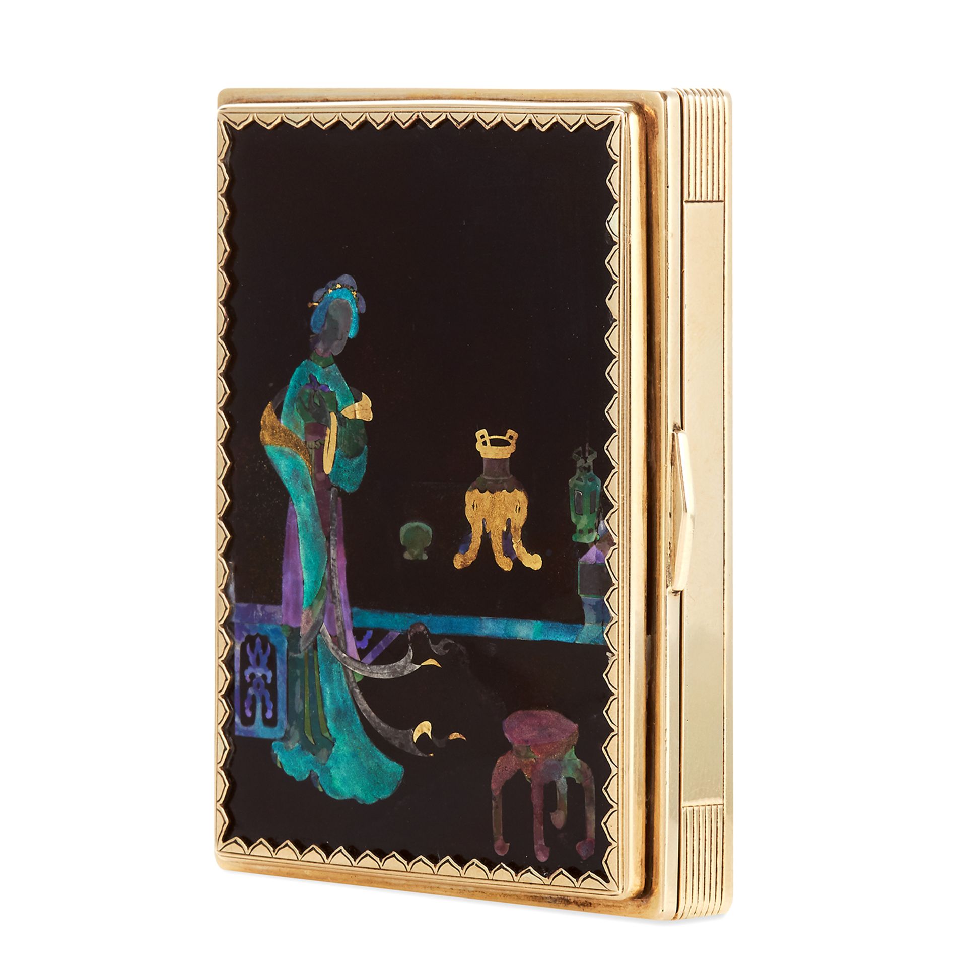 AN ANTIQUE LACQUE BURGAUTÃ‰ CHINOISERIE VANITY CASE, CARTIER CIRCA 1920 in high carat yellow gold, - Bild 2 aus 3