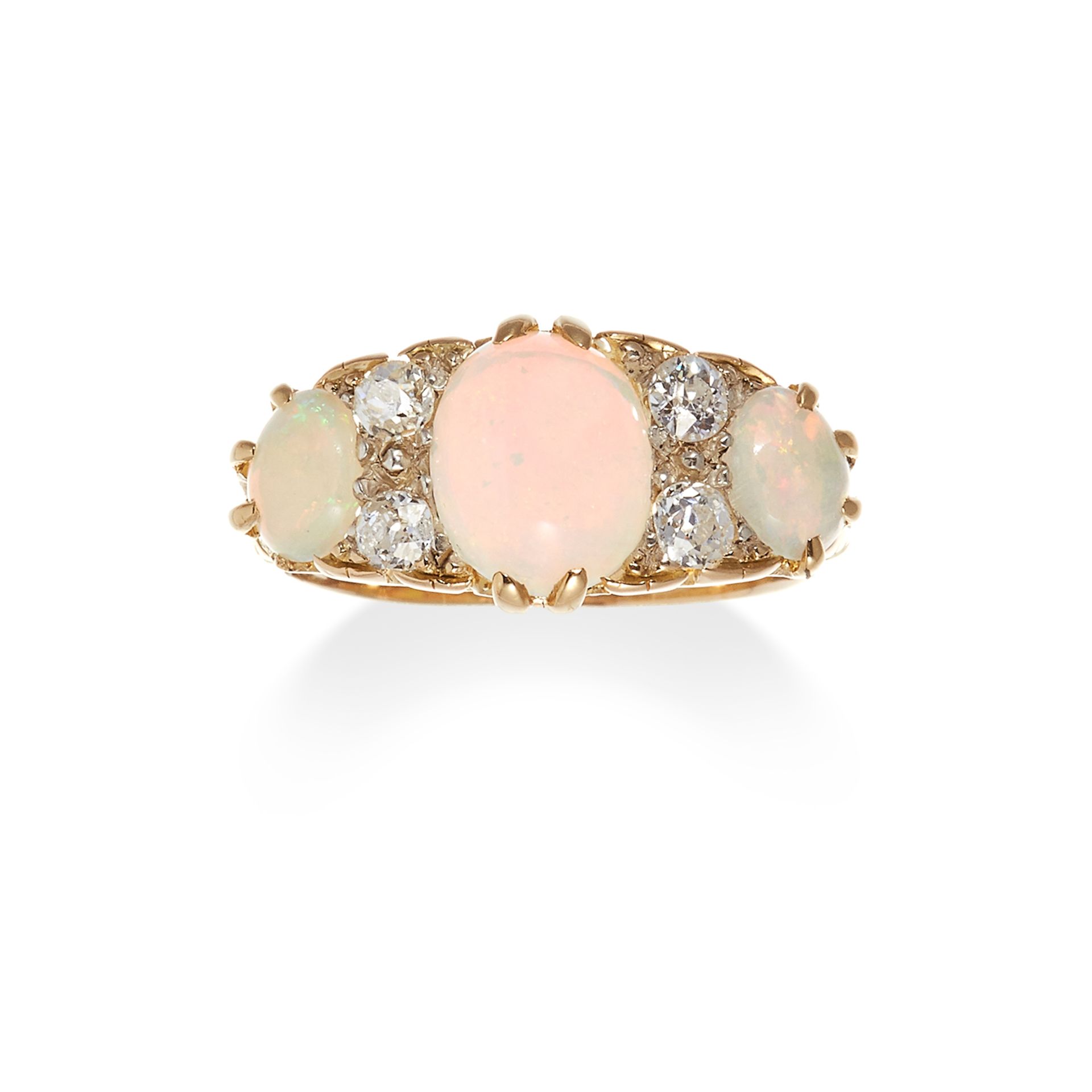 AN ANTIQUE OPAL AND DIAMOND RING in 18ct yellow gold, set with a trio of graduated oval cabochon