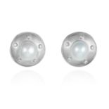 A PAIR OF PEARL AND DIAMOND EARRINGS in white gold, each set with a large pearl of 18.1mm and 17.5mm