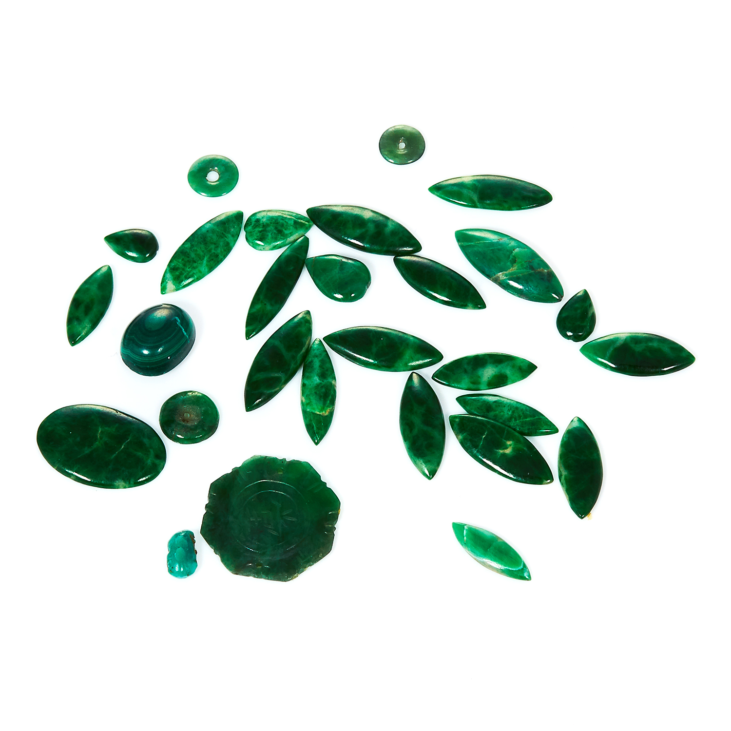 A 45.0 CARAT PARCEL OF JADE, ETC variously sized cabochons and slabs, some examples of Chinese