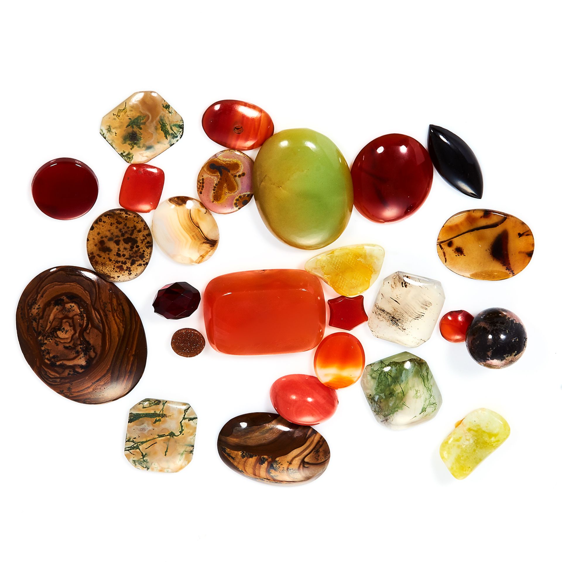 A 184.20 CARAT PARCEL OF CORAL, CARNELIAN, AGATE, ETC