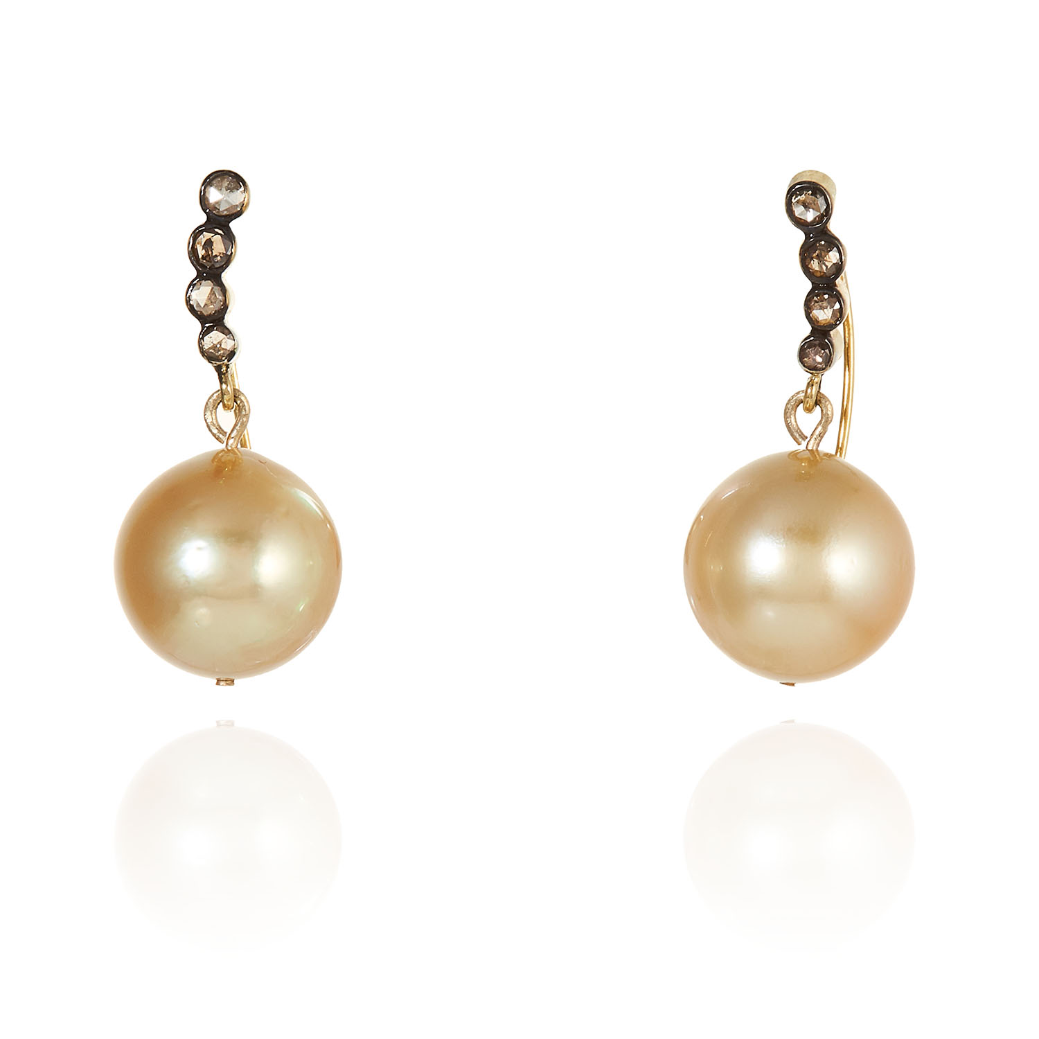 A PAIR OF PEARL AND DIAMOND EARRINGS suspending 12.0mm golden pearls below graduated diamond