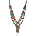 A TURQUOISE AND CORAL BEAD NECKLACE in silver, formed of turquoise, coral and silver beads,