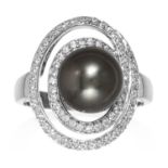 A PEARL DRESS RING in sterling silver, set with a black / grey pearl within a scrolling surround,