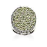 A PERIDOT AND DIAMOND LOVE RING, MONTEGA in 18ct white gold, the protruding head jewelled with round