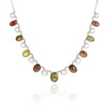A MOONSTONE, TOURMALINE AND GARNET NECKLACE in sterling silver, comprising of alternating cabochon