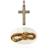 A MOTHER OF PEARL AND ENAMEL SNAKE BROOCH AND MARCASITE CROSS, the mother of pearl brooch is