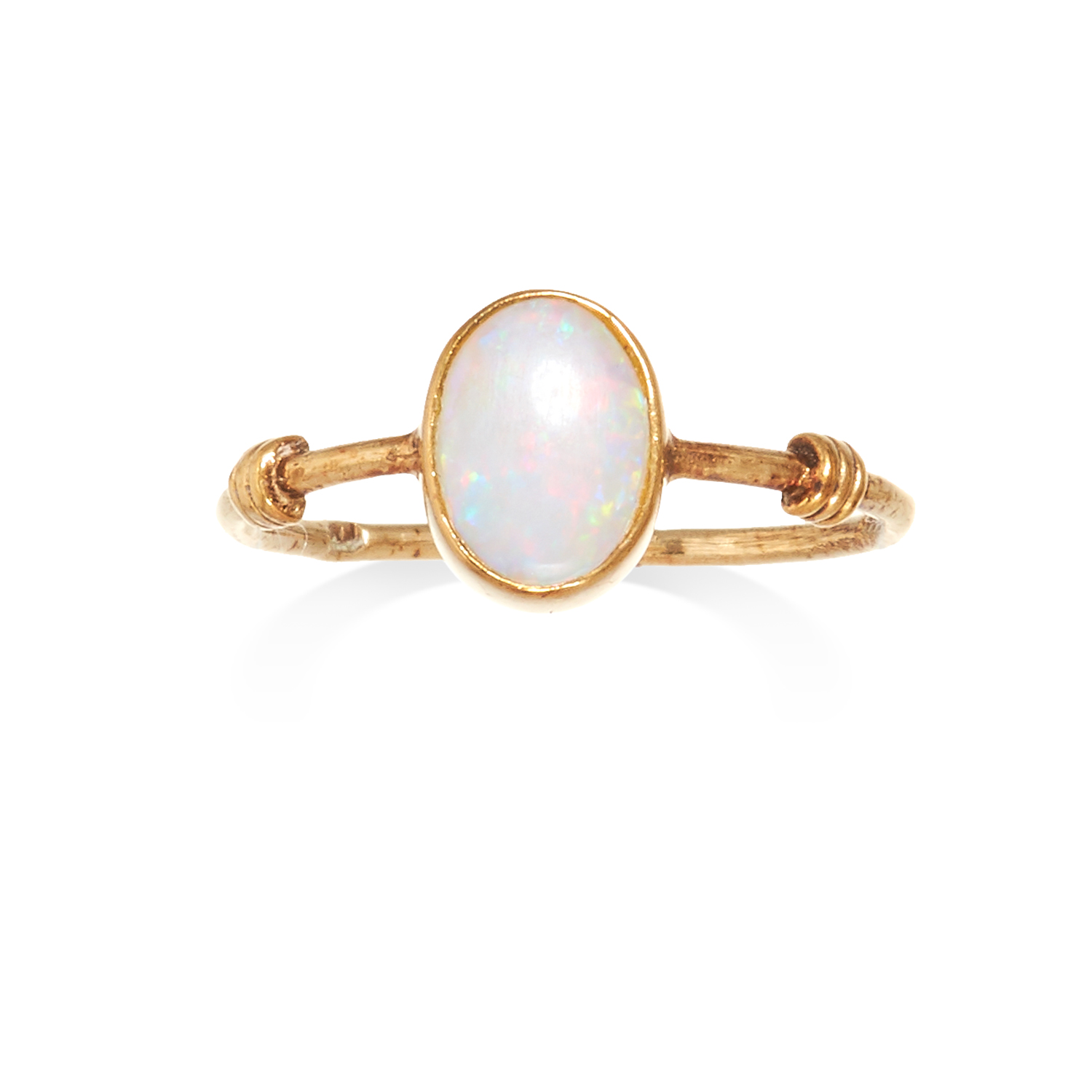 AN OPAL DRESS RING in yellow gold, the oval cabochon opal set to a plain band, unmarked, K / 5, 1.