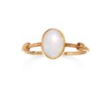 AN OPAL DRESS RING in yellow gold, the oval cabochon opal set to a plain band, unmarked, K / 5, 1.