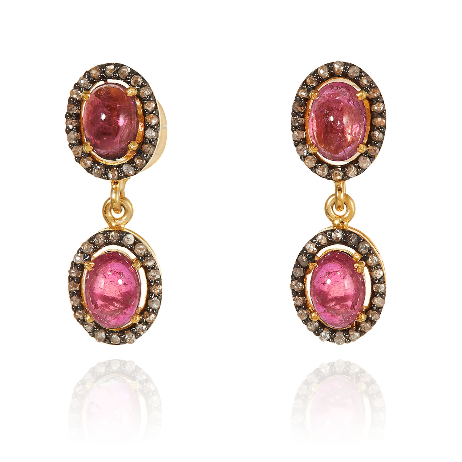 A PAIR OF TOURMALINE AND DIAMOND DROP EARRINGS in yellow gold, each set with two oval cabochon