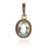 AN AQUAMARINE AND DIAMOND PENDANT set with a central oval cut aquamarine of 2.33 carats, framed in